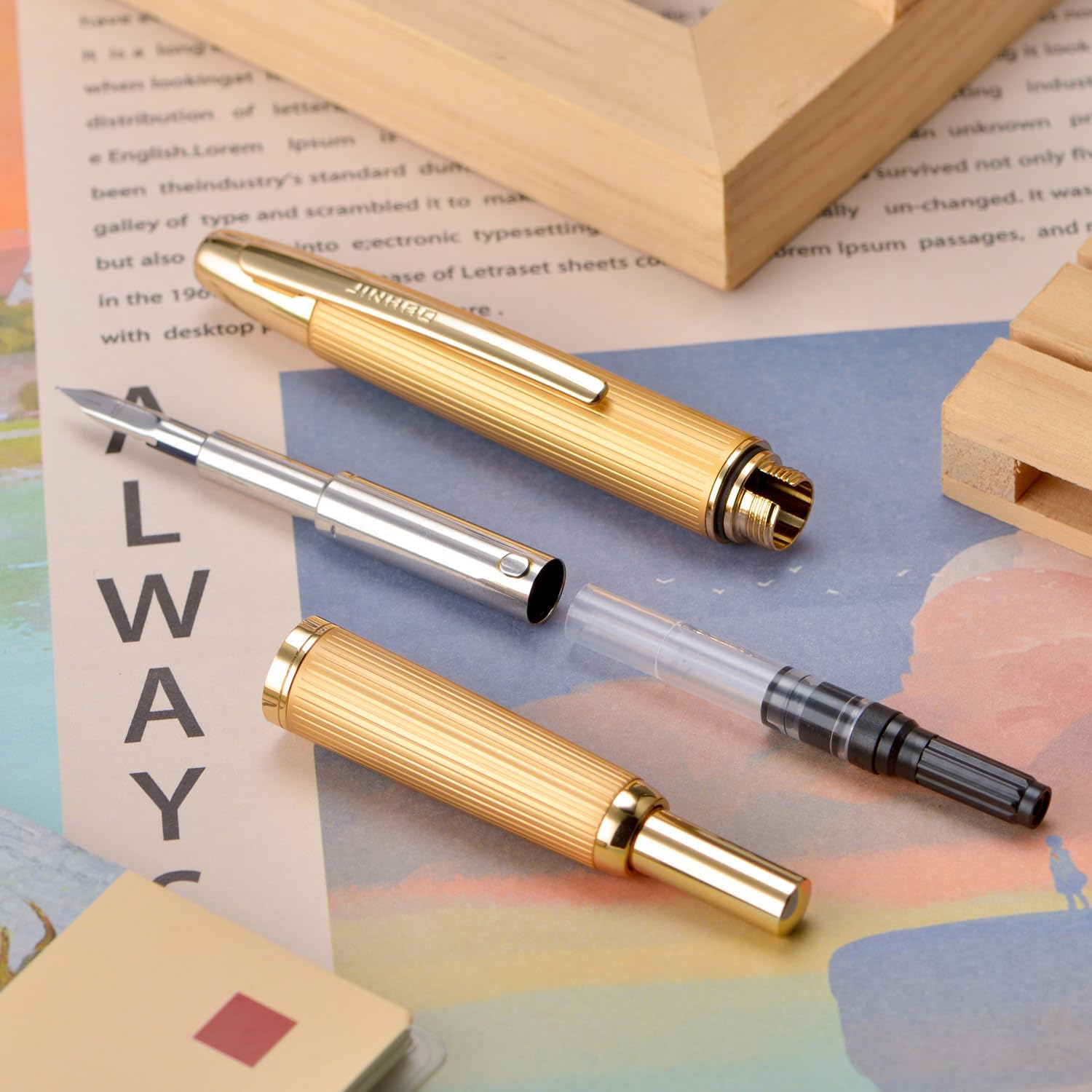 Jinhao 10 Press Fountain Pen with Box, Brushed Matt Gold Retractable Fine Nib with Converter Set (Golden Clip)
