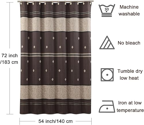 Vista 106 de Cortina de ducha de tela, estampado beige y tostado, cortinas de ducha con patrón de damasco bohemio de cachemira para baño, cortinas de baño Hudson