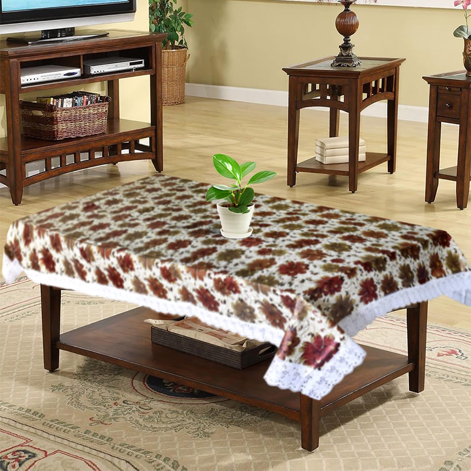 Kuber Industries Flower Printed PVC 4 Seater Center Table Cover Protector with White Lace Border 40"x60" (Brown)