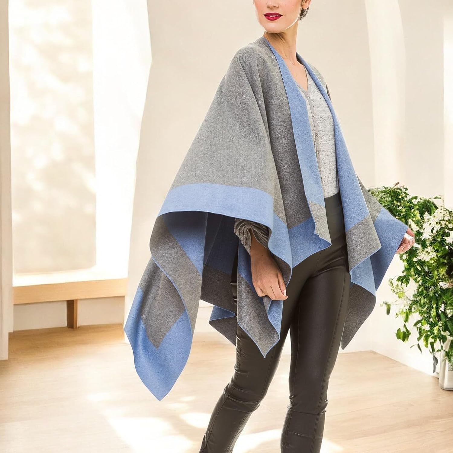 Women's Shawl Wrap Poncho Ruana Cape Cardigan Sweater Open Front for Fall Winter Spring - Image 3