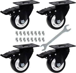 DICASAL 3 Inch Heavy Duty Swivel Plate Casters Black PU Foam Quite Mute No Noise Castors Markless Rubber Wheels Double Bearings and Locks Loading 900 Lbs Pack of 4 with Brake