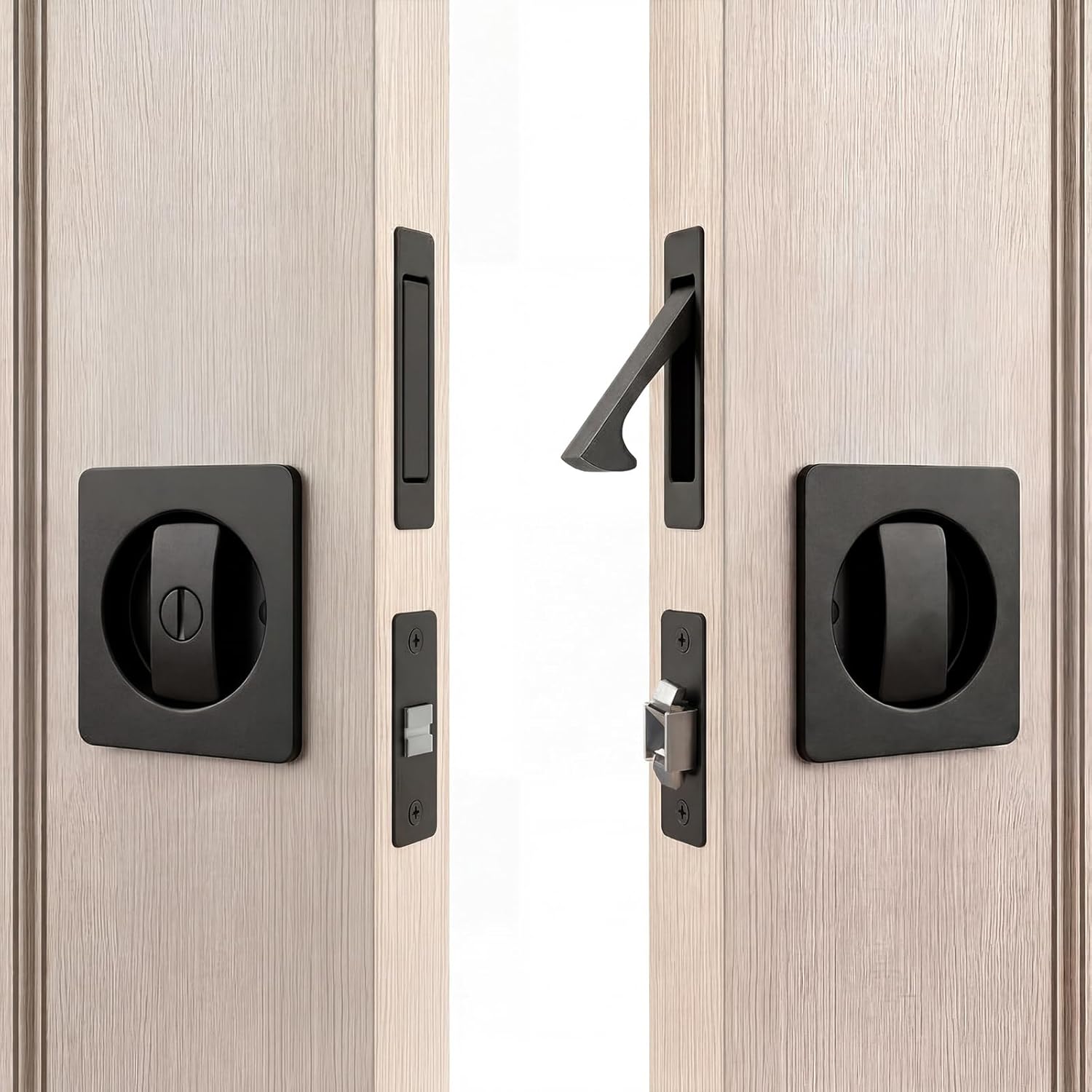 Hicarer 1 Set Pocket Door Privacy Lock with Edge Pull Handle, 2-3/8" Backset, Stainless Steel, 2 Sided Recessed Knob, Pocket Door Hardware for 1-3/8" to 2-3/16" Bathroom & Sliding Doors, Black, Square