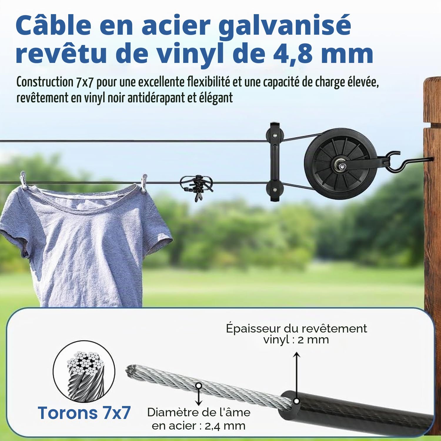 Corde à Linge de 45 m, Câble métallique gainé en PVC Noir, avec poulie de renvoi en Nylon, Séparateur, Crochet à vis M8 - Corde à Linge - Résistant aux intempéries - pour extérieur