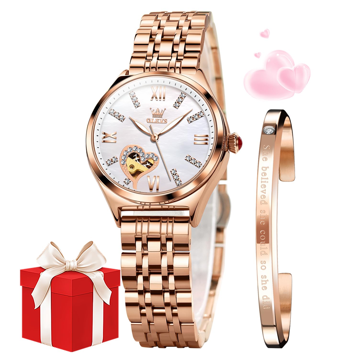 OLEVS Watch for Women Automatic Self Winding Mechanical Ladies Wrist Watch Big face Two Tone Stainless Steel Ceramic Bracelet Heart Diamond Fashion Luxury Ceramic Band Luminous Waterproof