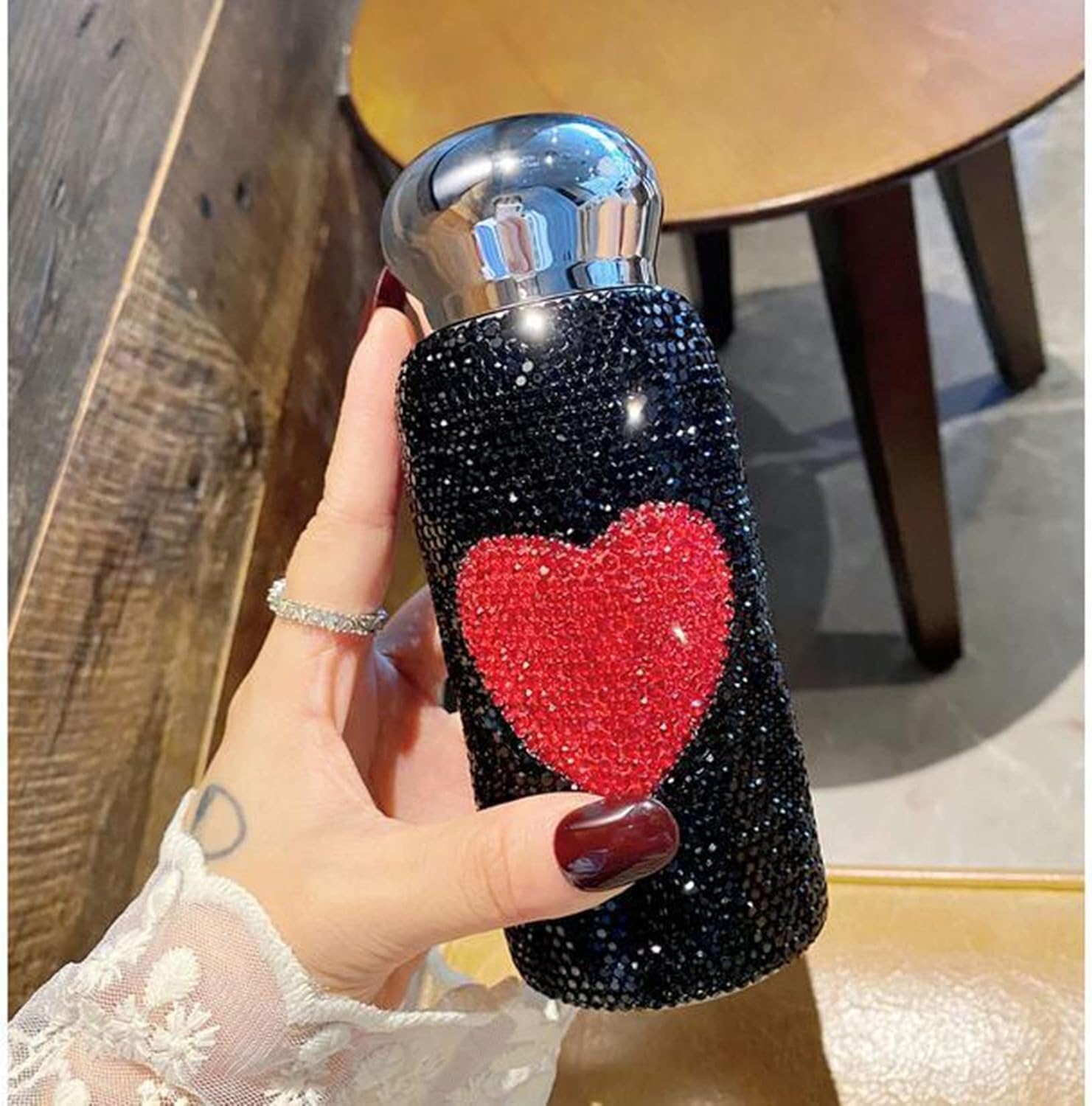 Diamentowa termos, butelka termiczna, Bling Rhinestone butelka na wodę kryształowy kubek termosowy kubek podróżny ze stali nierdzewnej diamentowa kolba butelka próżniowa(Black)