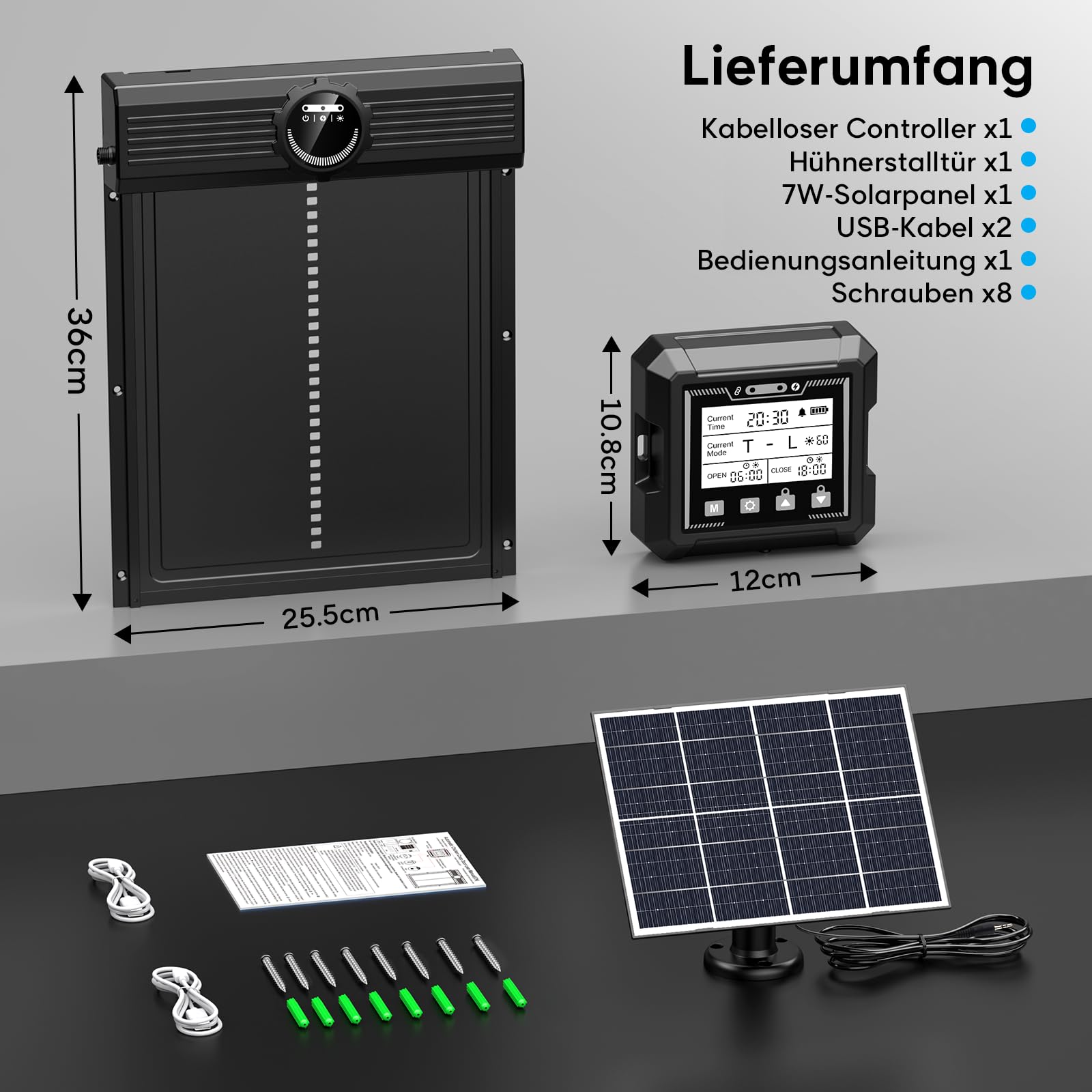 Kabellose Große Automatische Hühnerklappe Solar, MASTERFUN Aluminium Hühnerklappe Automatisch mit Lichtsensor, Timer, 7W-Solarpanel, Intelligenter Einklemmschutz, Elektrische Hühnertür