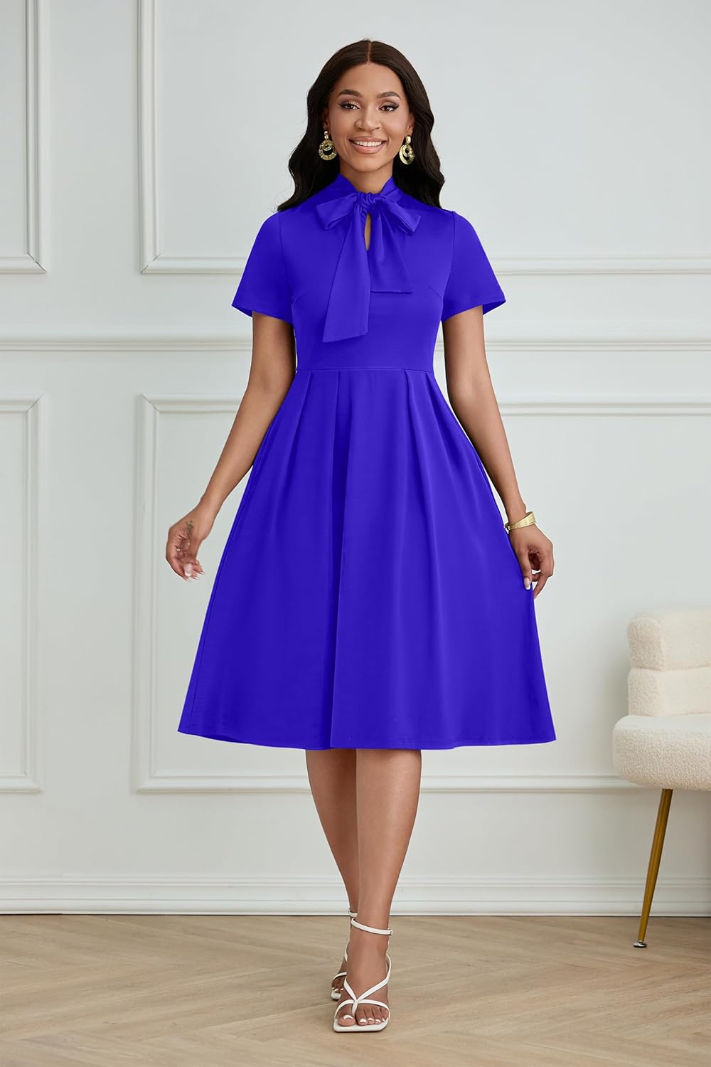 FANDEE Midi Dress for Women Casual Short Sleeve A-line Semi Formal Fit and Flare Dress Classy Tie Neck Work Business Dresses - Image 6