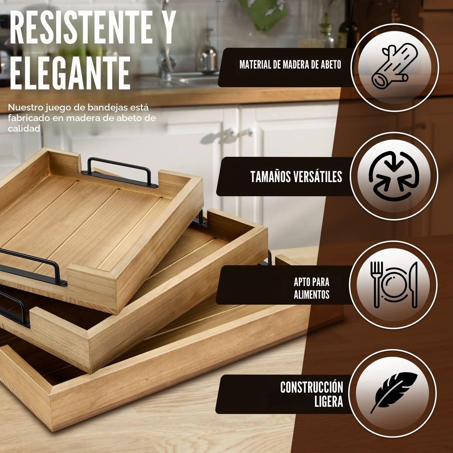 Flexzion Juego de bandejas rústicas para servir – Bandeja apilable de madera de abeto de 3 piezas con asa, bandeja de desayuno de madera, bandeja de embutidos anidada duradera para mesa de café