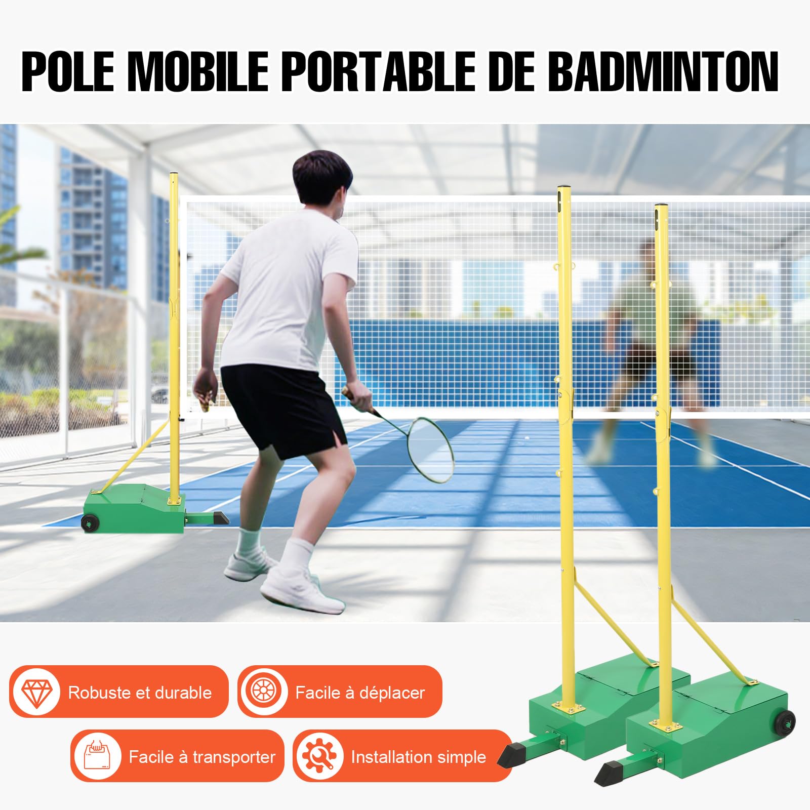 Support de Filet de Badminton Portable, Support de Badminton Mobile sur roulettes, poteaux de Badminton intérieur/extérieur avec Base/Filet lesté, pour Entraînement Sportif