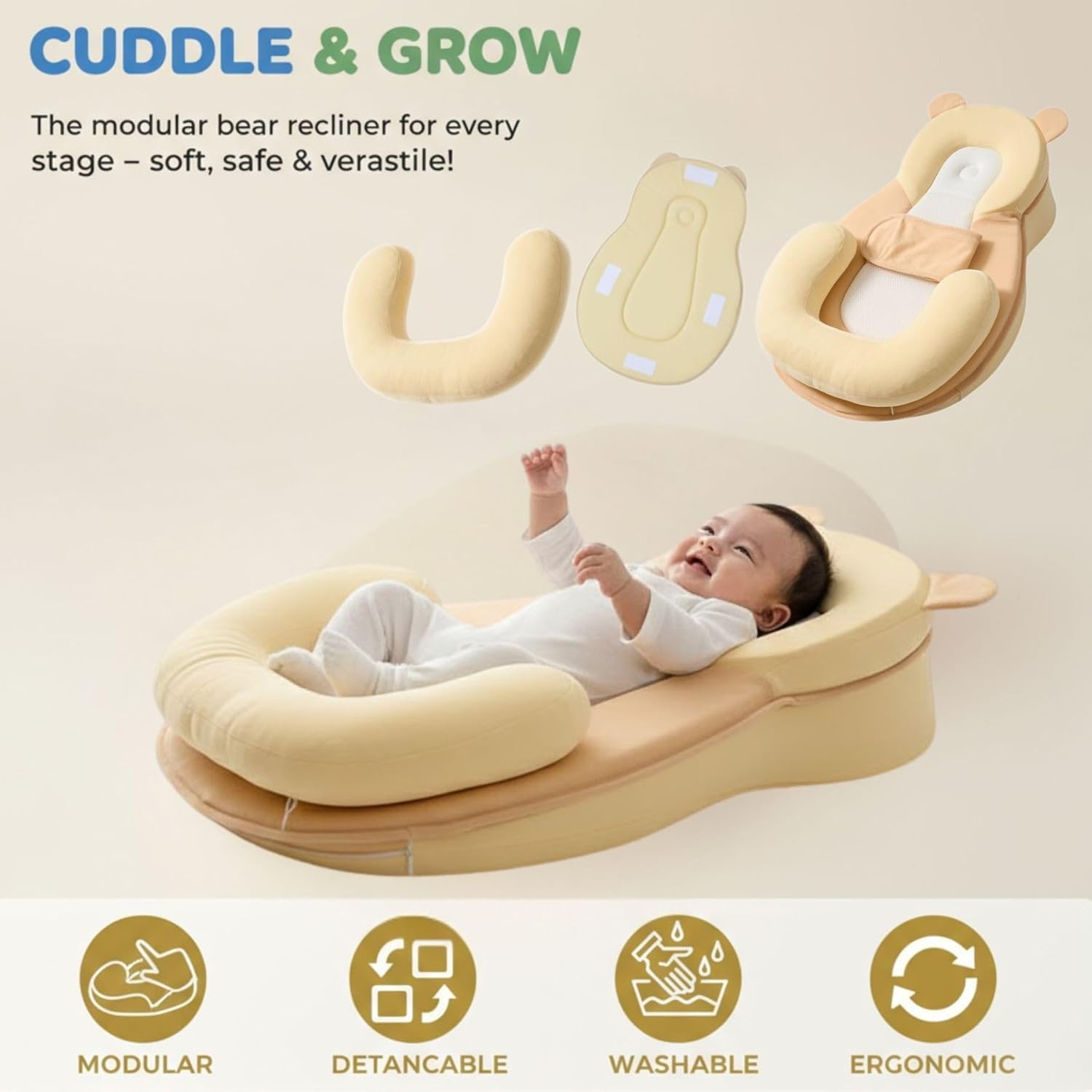 Baby Feeding Pillow - Firm & Secure Adjustable Nursing Pillow with Safety Strap - Baby Body Support Cushion - Yellow