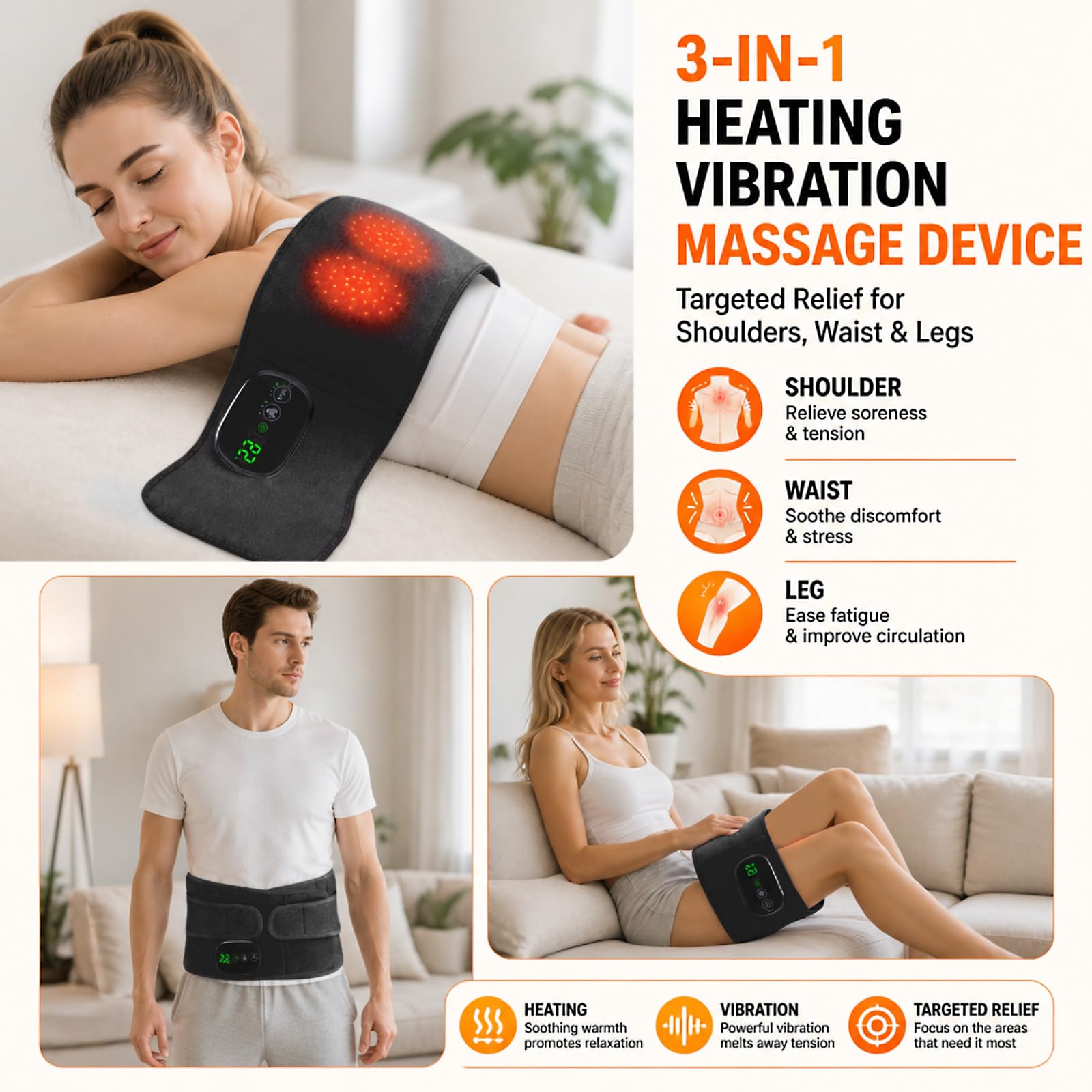 Cintura termica per la schiena, senza fili, con 3 livelli di calore e 3 livelli di vibrazione, batteria da 5000 mAh, touchscreen, scalda schiena, fascia massaggiante, cuscino riscaldante per alleviare