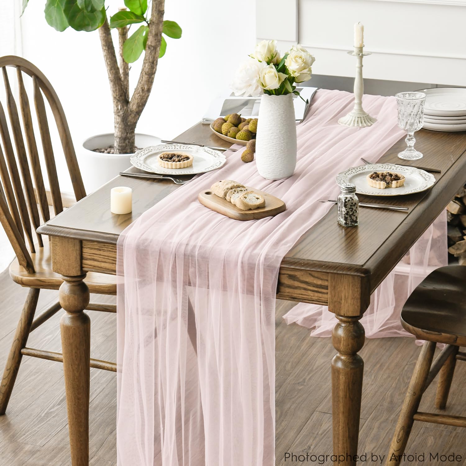 Artoid Mode Runner da tavola in garza rosa cipria, 150 x 300 cm, stile bohémien, per cucina, sala da pranzo, matrimoni, vacanze, compleanni, decorazione per la casa e le feste