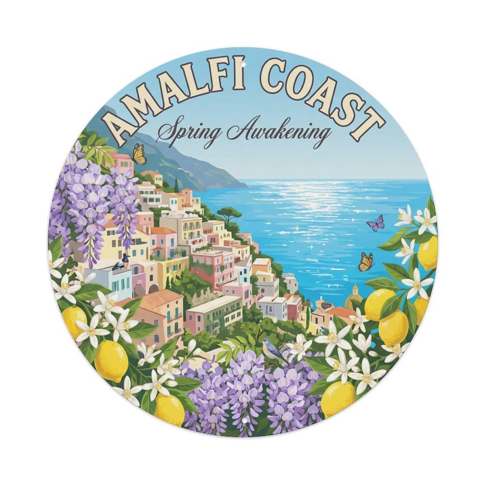 Classic Amalfi City Coastal Spring Blossom Scenic Landmark Metal Tin Sign Plaque Wall Decor for Cafe, Man Cave, Club Bar, Office, Home Garden Round Metal Poster 8x8Inch