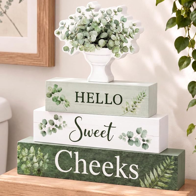 Xuhal 4 Pcs Eucalyptus Bathroom Decor, Sage Green, Hello Sweet Cheeks Style | Wooden Block Signs, Rustic Farmhouse Bathroom Accessories, Restroom Table Centerpieces, Home Shelf Decor, Housewarming Gifts