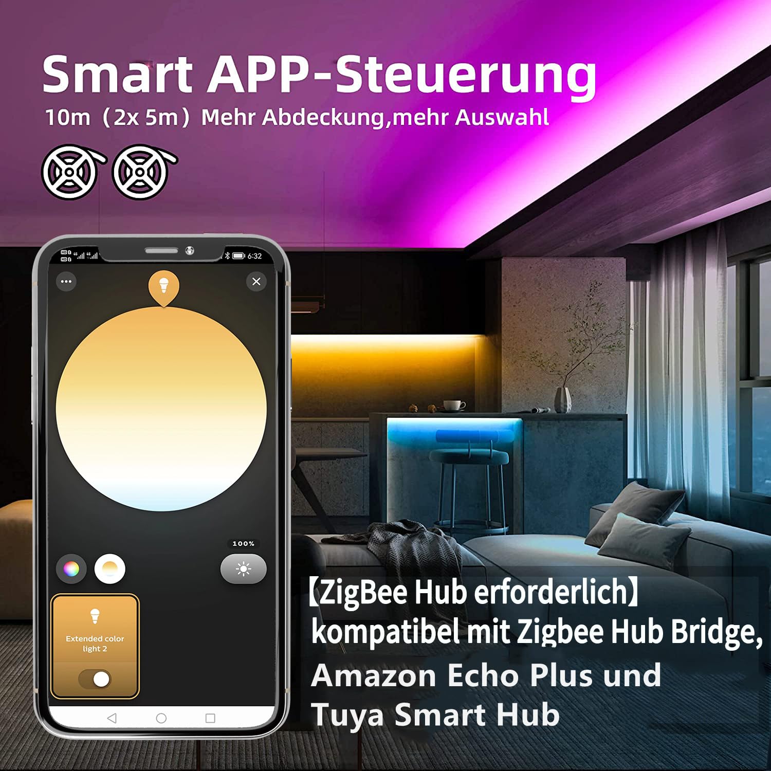 Bande LED ZigBee RGBW - Kit intelligent à intensité variable - Contrôleur ZigBee 3.0 - Fonctionne avec Hub Bridge Echo Plus pour application / Alexa - Commande vocale RVB - Blanc chaud - Bande LED
