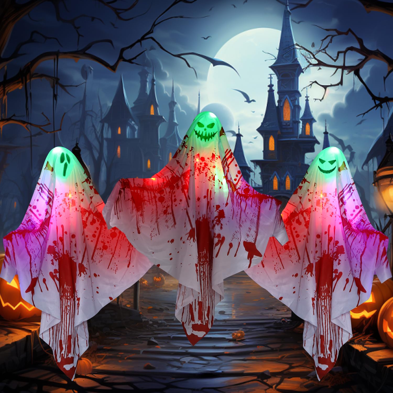 2 Stück Halloween Hänge Geist Mit LED Lichtern, Gruselige Windsack, Hängende Dekorationen für Vorgarten, Terrasse, Rasen, Garten, Partydekor