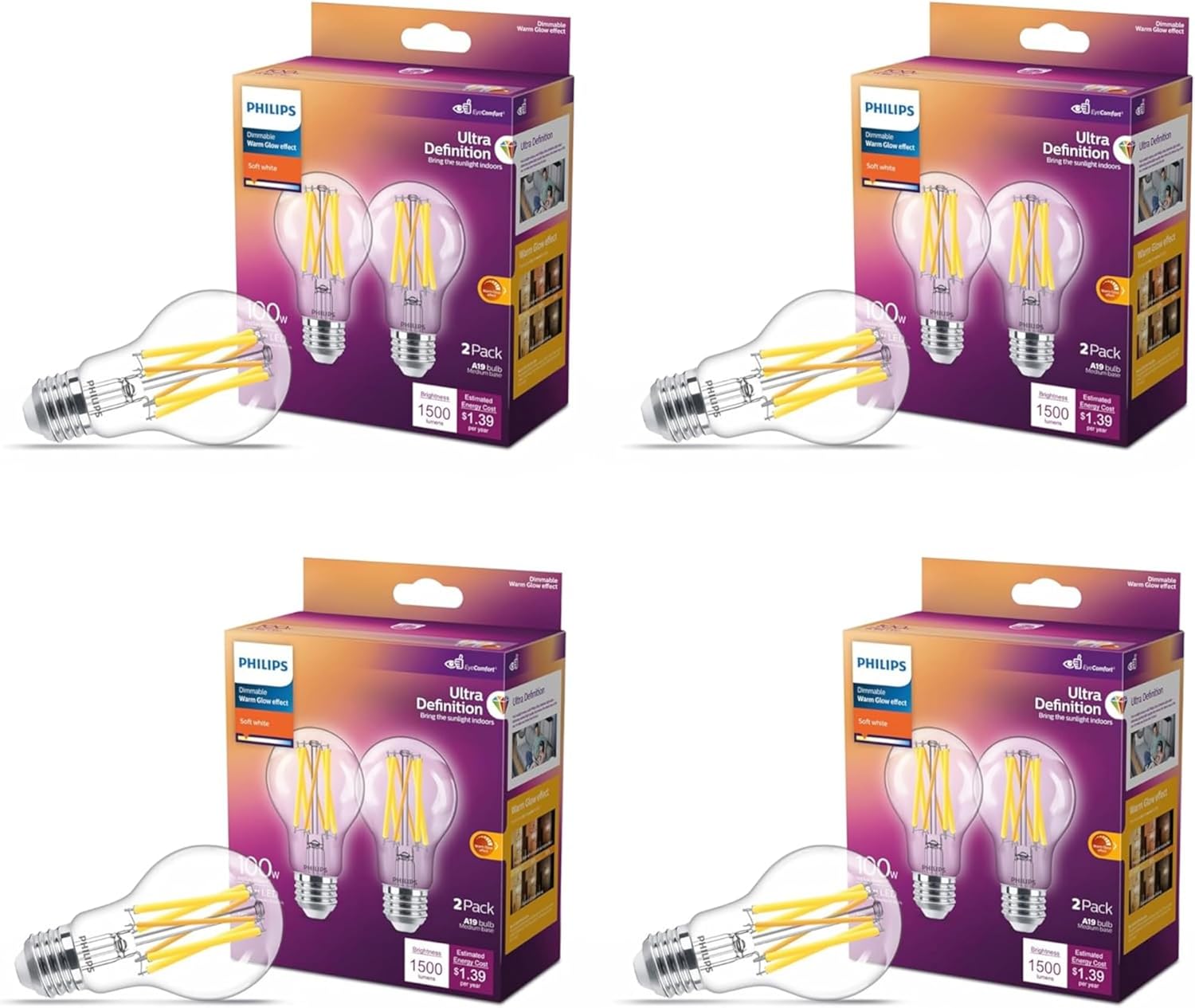PHILIPS LED 100W A19 8-Pack Ultra Definition Soft White (2700K) 1500 Lumen (11.5W = 100W) Dimmable Clear Flicker-Free Light Bulbs