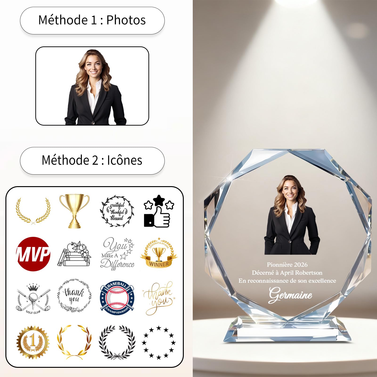 Trophée Personnalisable en Cristal Gravure Personnalisée Logo Nom Texte Photo Trophées en Verre Personnalisés pour Retraite Récompense Employé Sport