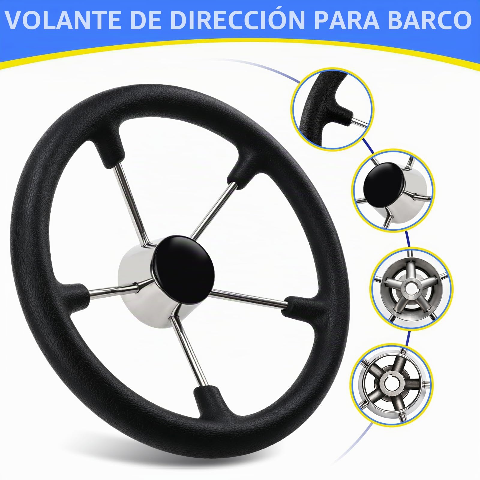 Geloo Volante de Acero Marino Inoxidable con Espuma Sintética Negra 5 radios 13-1/2" Antideslizante y Antisudor para Bote Yate Lancha Rápida