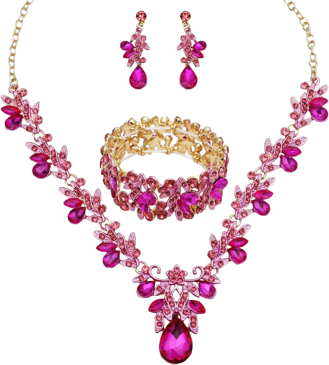 Enrwin Wedding Leaf Flower Crystal Teardrop Pendant Necklace Dangle Earrings Stretch Bracelet Jewelry Set for Women Bridal Party Prom