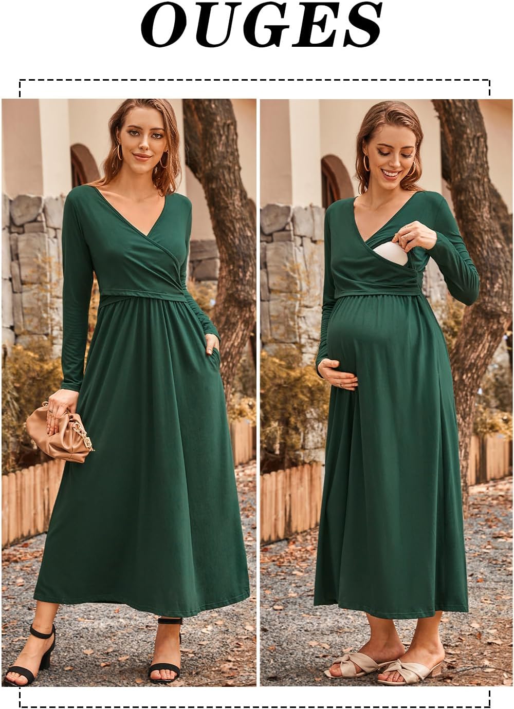 OUGES Women's 2024 Fashion Long Sleeve V Neck Maxi Dress with Pockets Maternity Clothes Nursing Dresses - Image 3