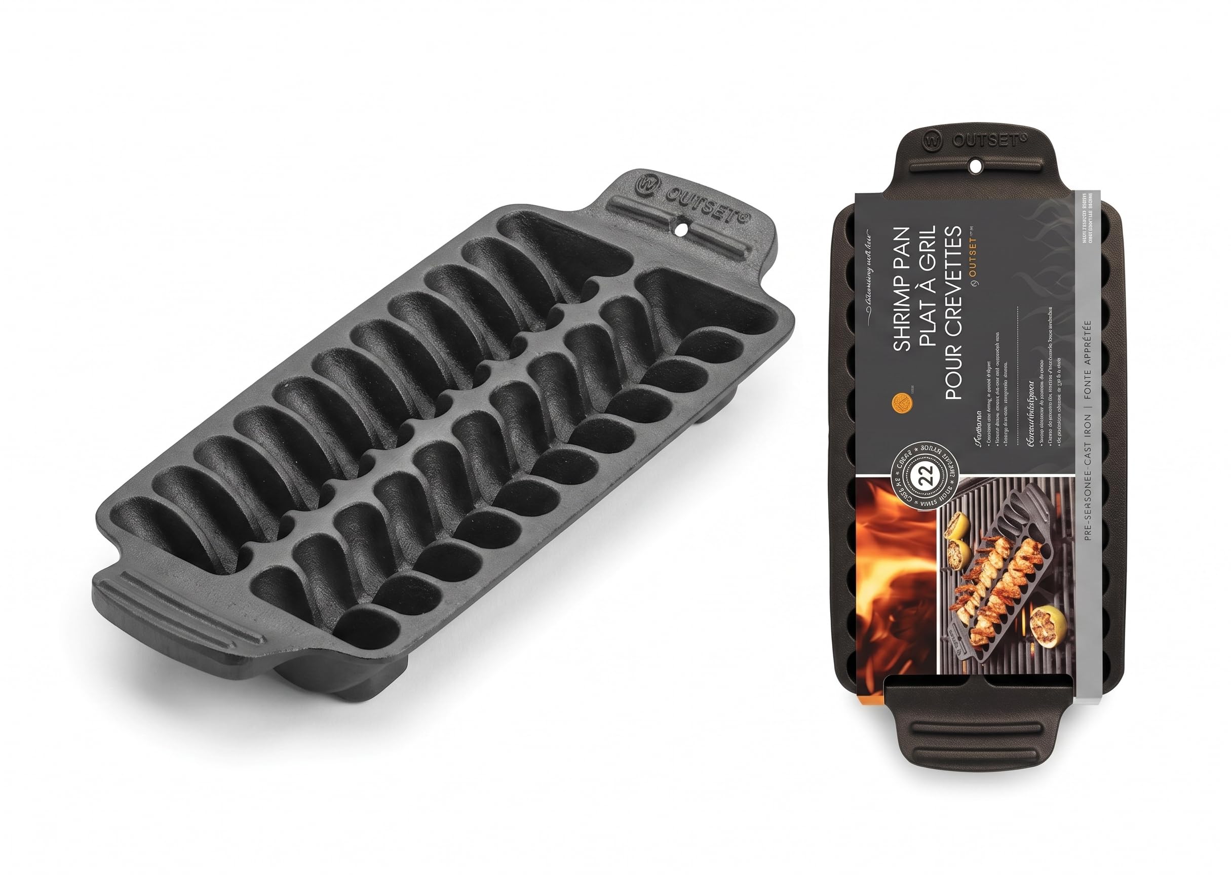 Outset Shrimp Cast Iron Grill and Serving Pan, Black, 22 Grilled Shrimp Capacity