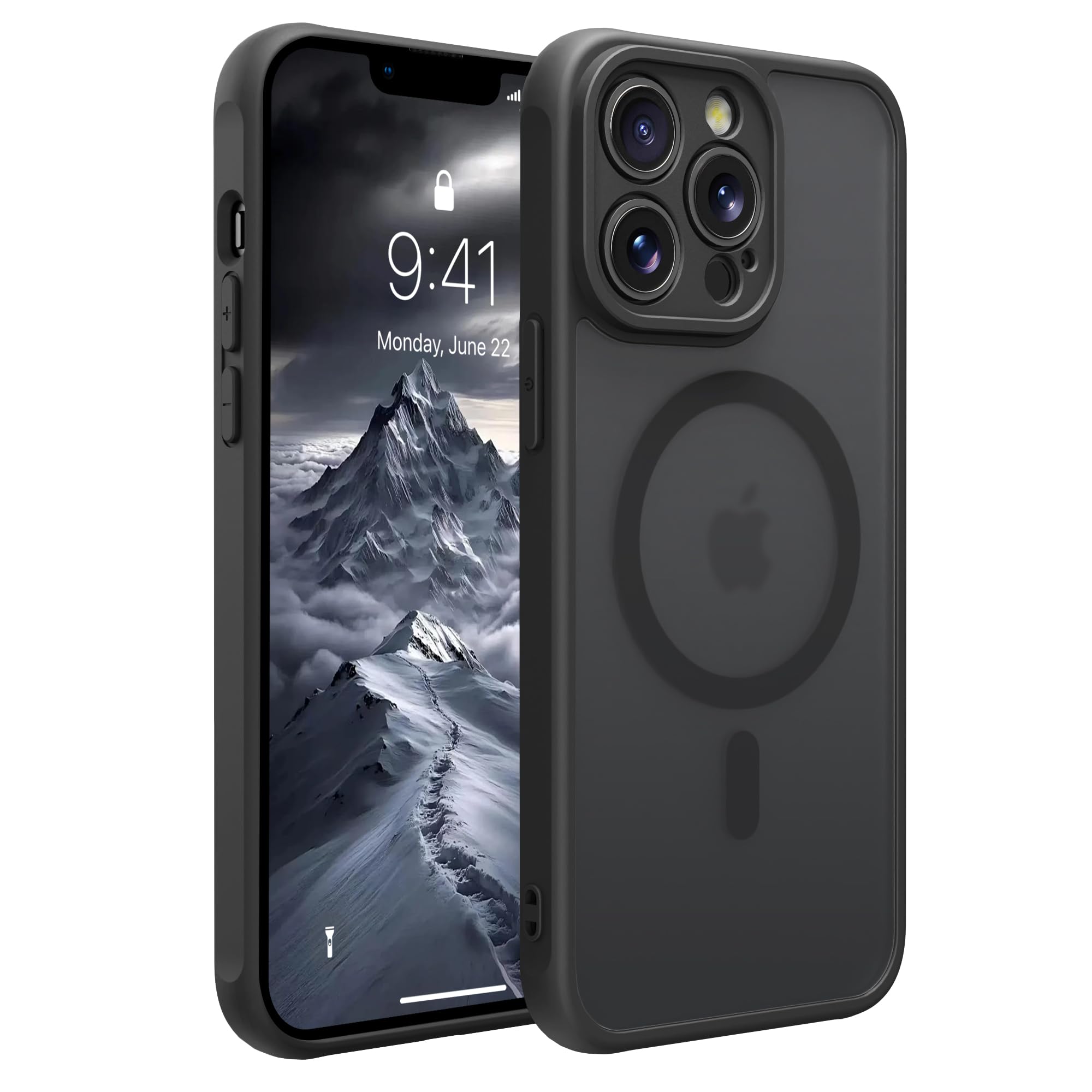 EUMADOVE iPhone 13 pro ケース【米軍MIL規格・Magsafe対応】米軍MIL規格認証 半透明 マグセーフ対応 耐衝撃 傷に強い背面 ワイヤレス充電 黄変防止 ストラップホール付き 指紋防止 滑り止め ハイブリッド磁気カバー(ブラック, iPhone 13 Pro)