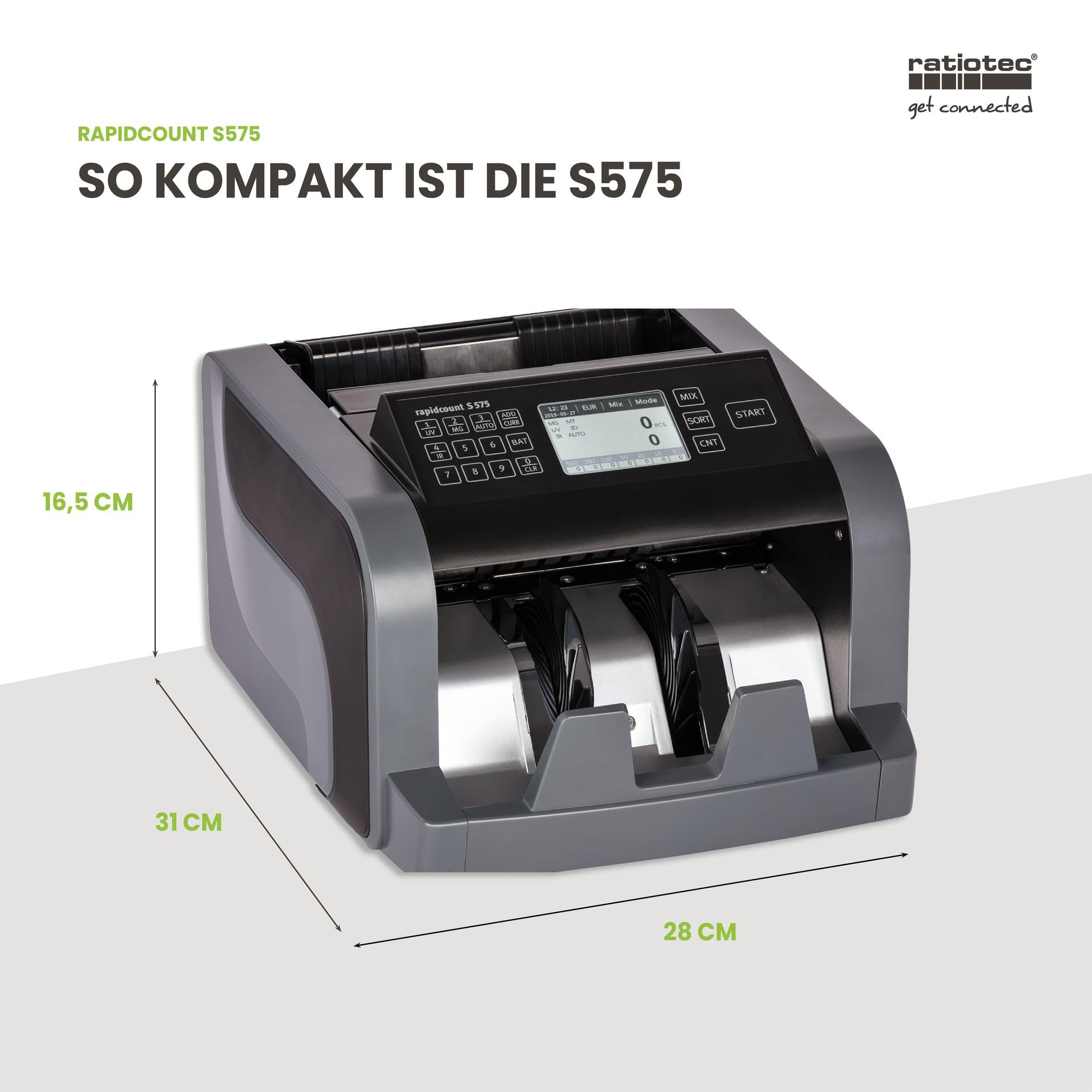 ratiotec rapidcount S 575 Banknotenzählmaschine für gemischte Banknoten mit Wertermittlung in schwarz