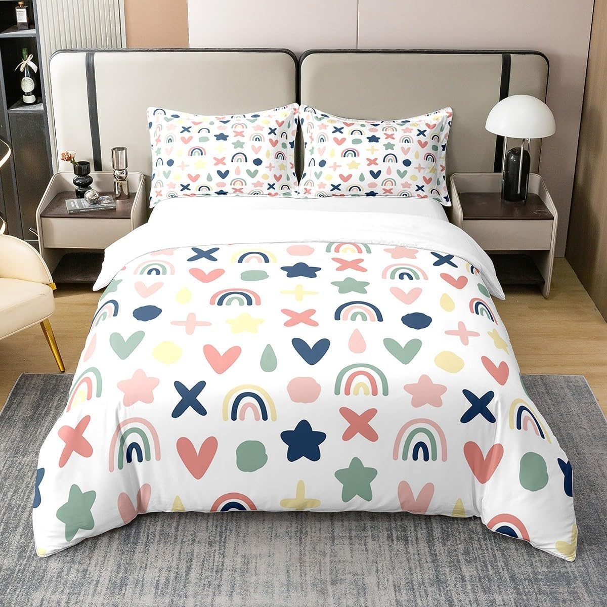 Housse de couette arc-en-ciel lit enfant motif dessins animés cœurs