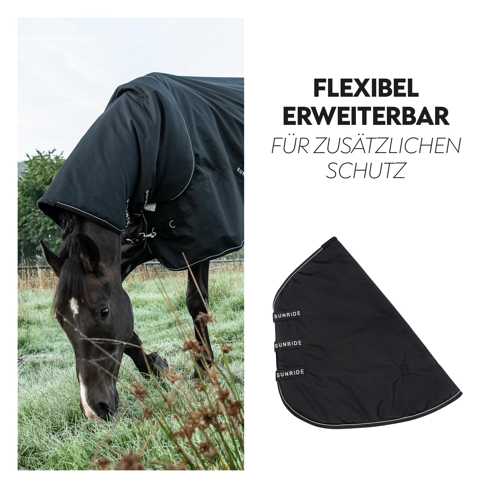 SUNRIDE Regendecke 50g für Pferde (Dublin) - 600D - mit Unterdecken kombinierbar - 100% wasserdicht - 5.000mm Wassersäule - extrem atmungsaktiv - schwarz (145cm)