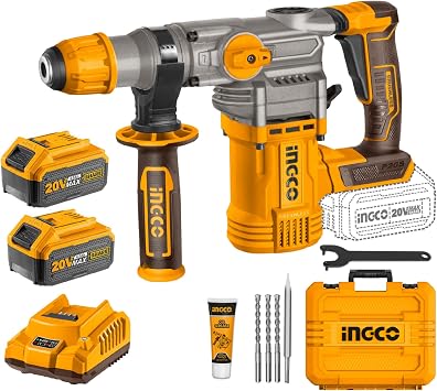 INGCO Lithium-Ion 20V Brushless Rotary Hammer 28mm 4.5J 930RPM 4400BPM 3-in-1 Function Adjustment Knob with 3 Drill Bits and 1 Chisel, with 2 Pieces of 4.0Ah Batteries and 1 Rapid Charger