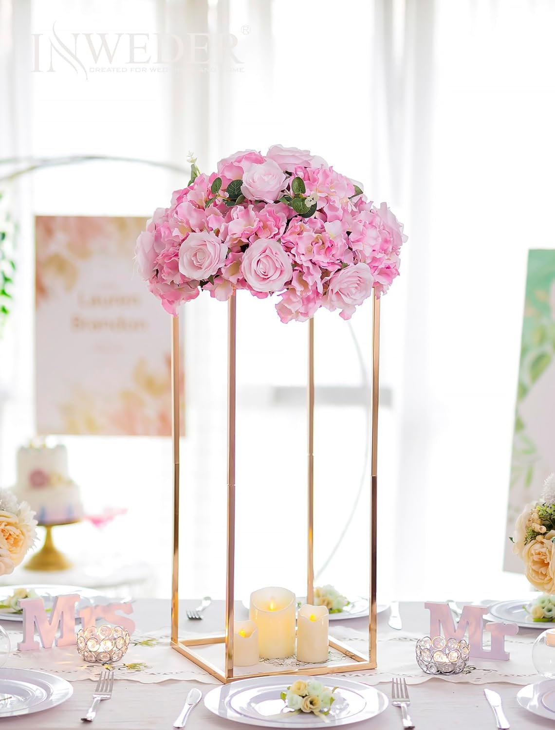 Gold Stand Wedding Centerpieces for Tables - 23.6in Tall Vases for Centerpieces, 2 Pcs Metal Column Flower Stand, Rectangular Flower Display Rack, Wedding Decorations for Tables, Party, Events, Home