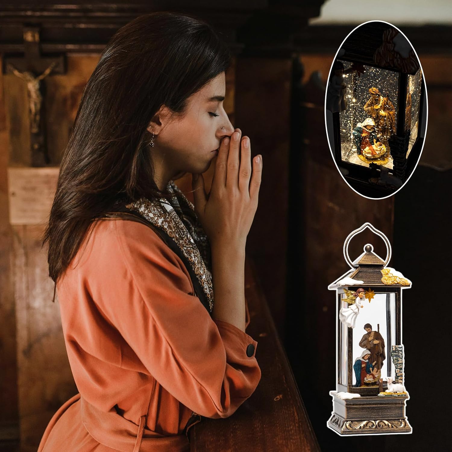 12" Christmas Snow Globe Lantern with Nativity and Angel - Water Glitter LED Light Musical Lantern with Exterior Decor - Vintage Xmas Gifts - USB Plug or Battery Operated Home Decor(Angel & Nativity)