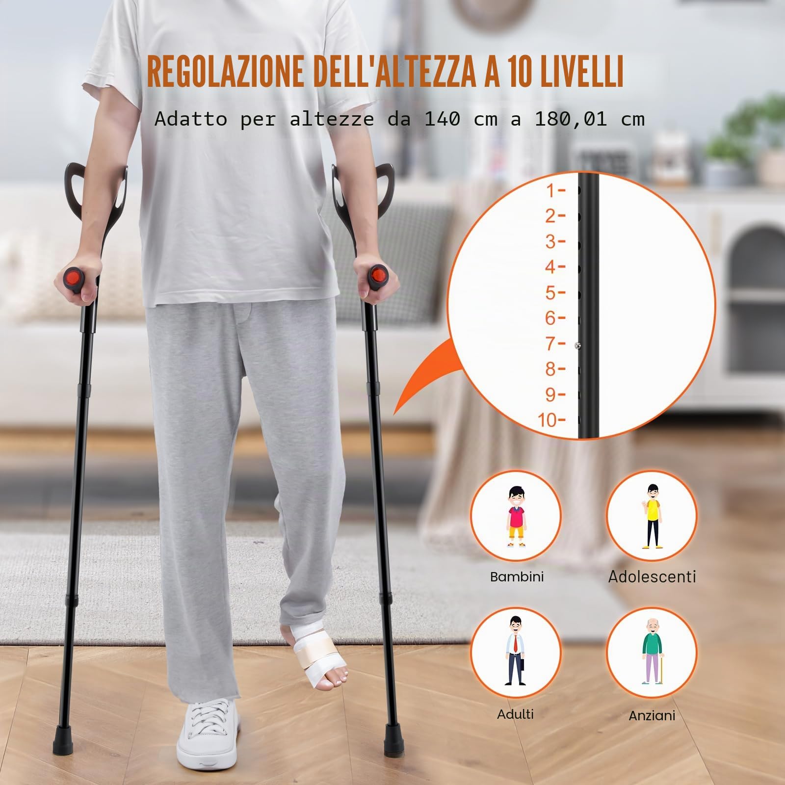 VEVOR Stampelle Pieghevoli da Avambraccio per Adulti, Stampelle con Altezza Regolabile 10 Livelli, in Alluminio Leggere con Polsino Aperto per Chirurgia Lesioni alle Gambe Disabili, 1 Paio 158,7 kg