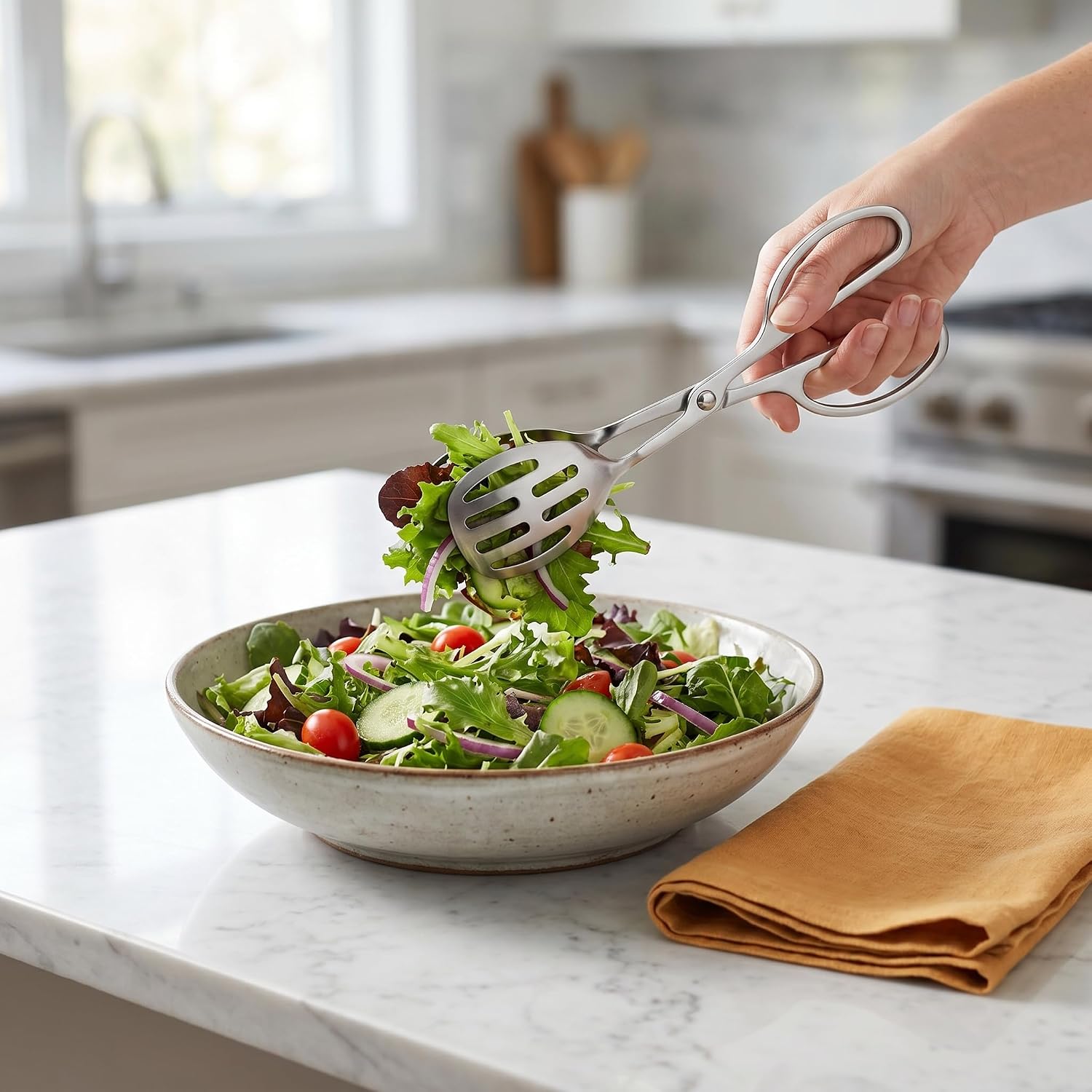 1 Pack 10 Inch Stainless Steel Food Tongs, Scissor Style Salad Tongs for Buffet, Catering and Party Serving, Kitchen Serving Tongs for Bread, Cake, Pastry, Steak, BBQ and Meat.