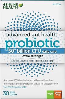 Genuine Health Advanced Gut Health Extra-Strength Probiotic, 30 count, 50 Billion CFU, Natural daily gut health and digestive support, 15 diverse and balanced strains per capsule, Dairy, soy & gluten-Free, Non-GMO, Vegan