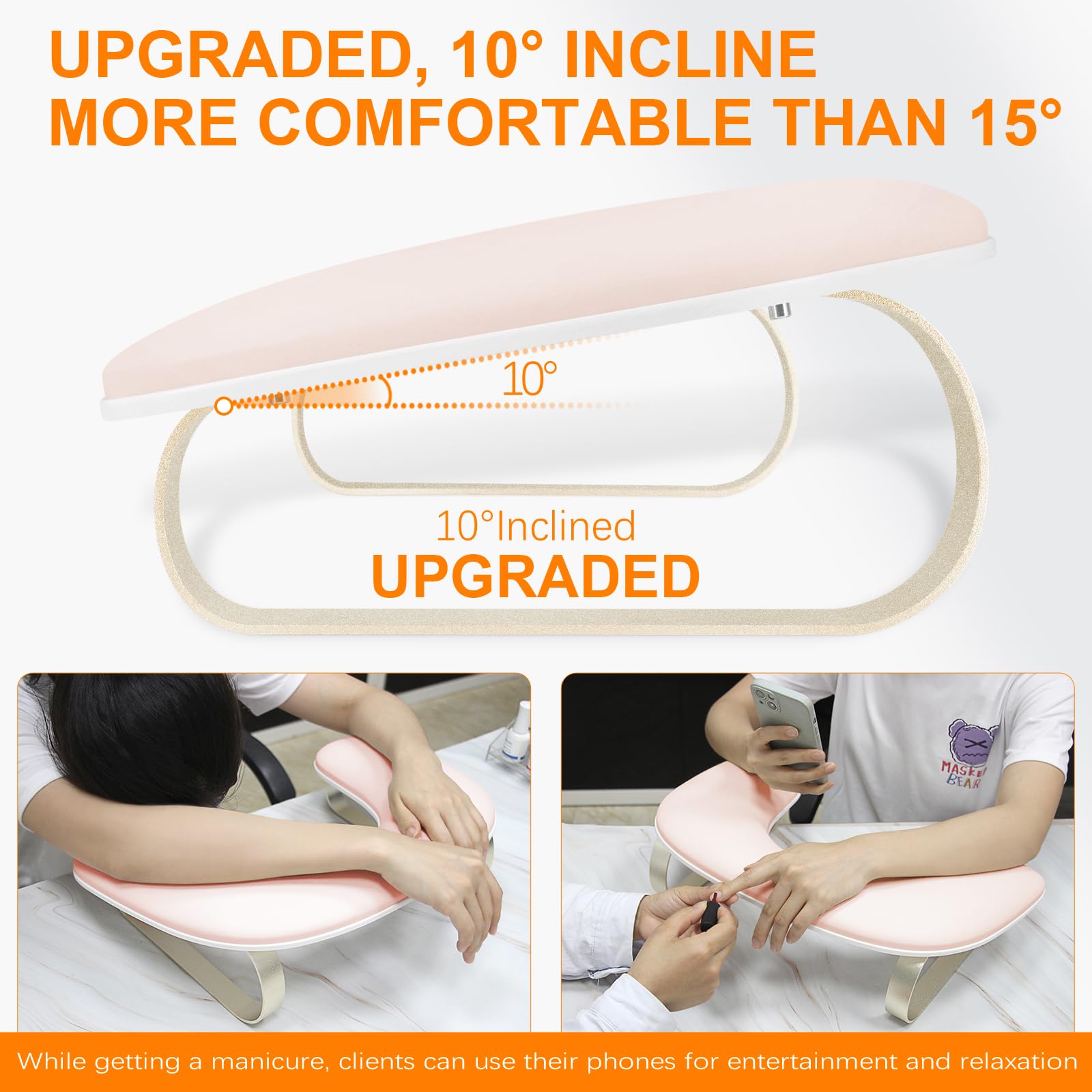 Upgraded U-Shaped Manicure Nail Arm Rest with 10° Incline, Pink and Gold