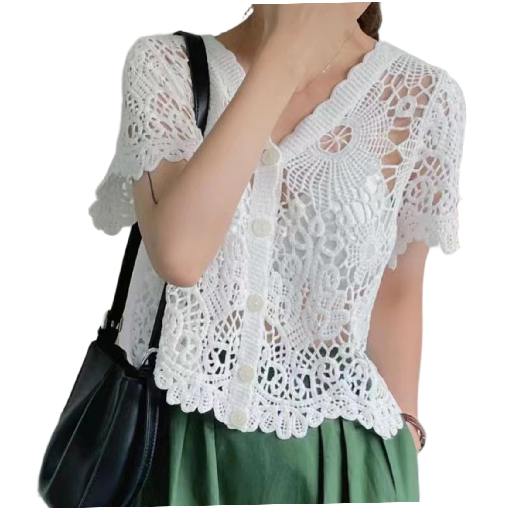 Pastoralist Women's White Lace Shrugs For Lace Cardigan For Short Hollow Out Button Up Cardigan With Short Sleeve & V Neck Average Size Crochet Shrug For Summer