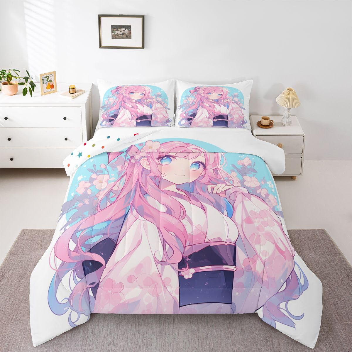 Erosebridal Girls Bedding Japanese Style Comforter Set Queen, 3D Anime Girl Duvet Insert Cartoon Kawaii Kimono Girl Bedding Comforter Sets Romantic Gifts for Her