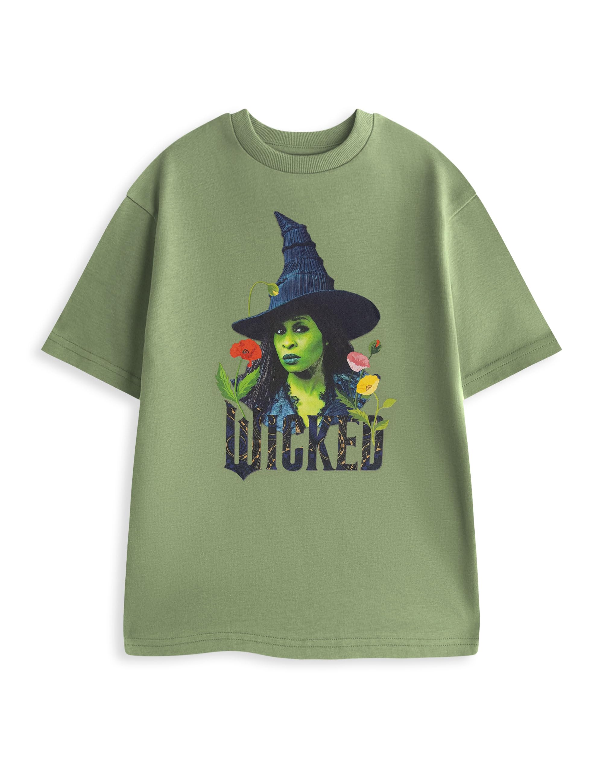Wicked Elphaba Green Short Sleeve Graphic Tee | Poppies Cartoon Print Crew Neck Top | Unisex Adult Streetwear T-Shirt | Musical Theatre Merchandise Merch - XX-Large