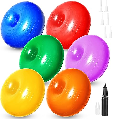 Threan 6 bolas de dona con bomba de mano, seis colores inflables, clase de pelota de ejercicio flexible, para entrenamiento de equilibrio, yoga,