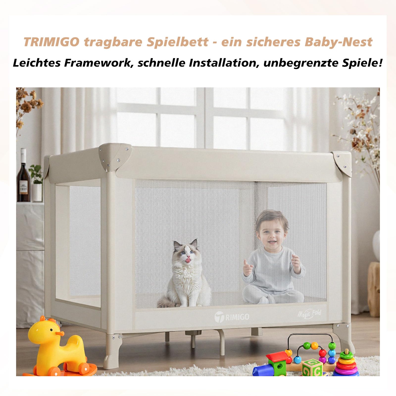 Klappbares Baby Reisebett, Mini Laufstall 100×70×70 cm – leichtes Reise-Klappbett, nutzbar als Babybett, Spielbereich, Hundelaufstall, Katzengehege, inklusive Tragetasche(Khaki)