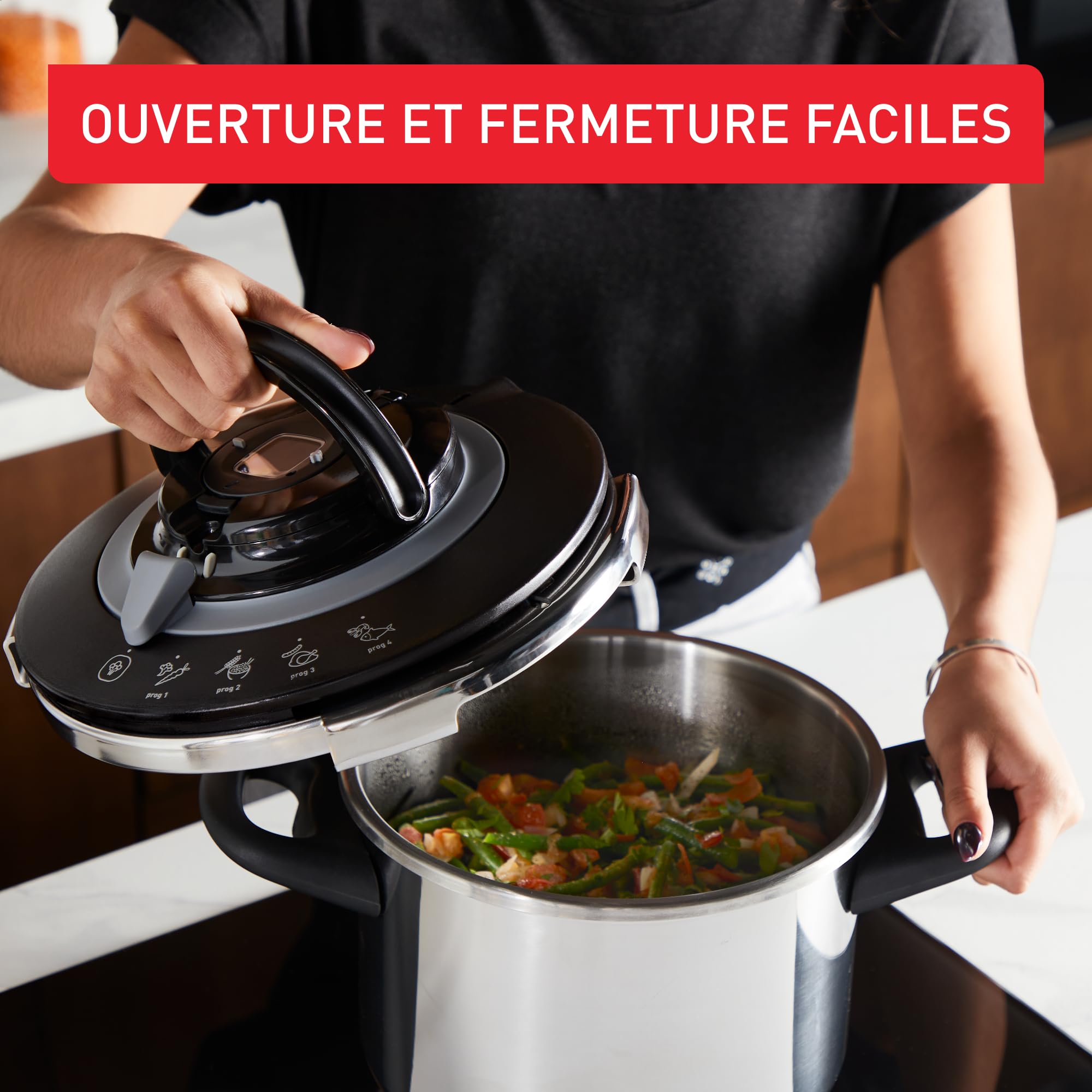 SEB Clipso+ CHEF 10L Cocotte-minute, 7-10 convives, Induction, 4programmes cuisson, Ouverture et fermeture du couvercle d'une seule main, P4551500, Gris