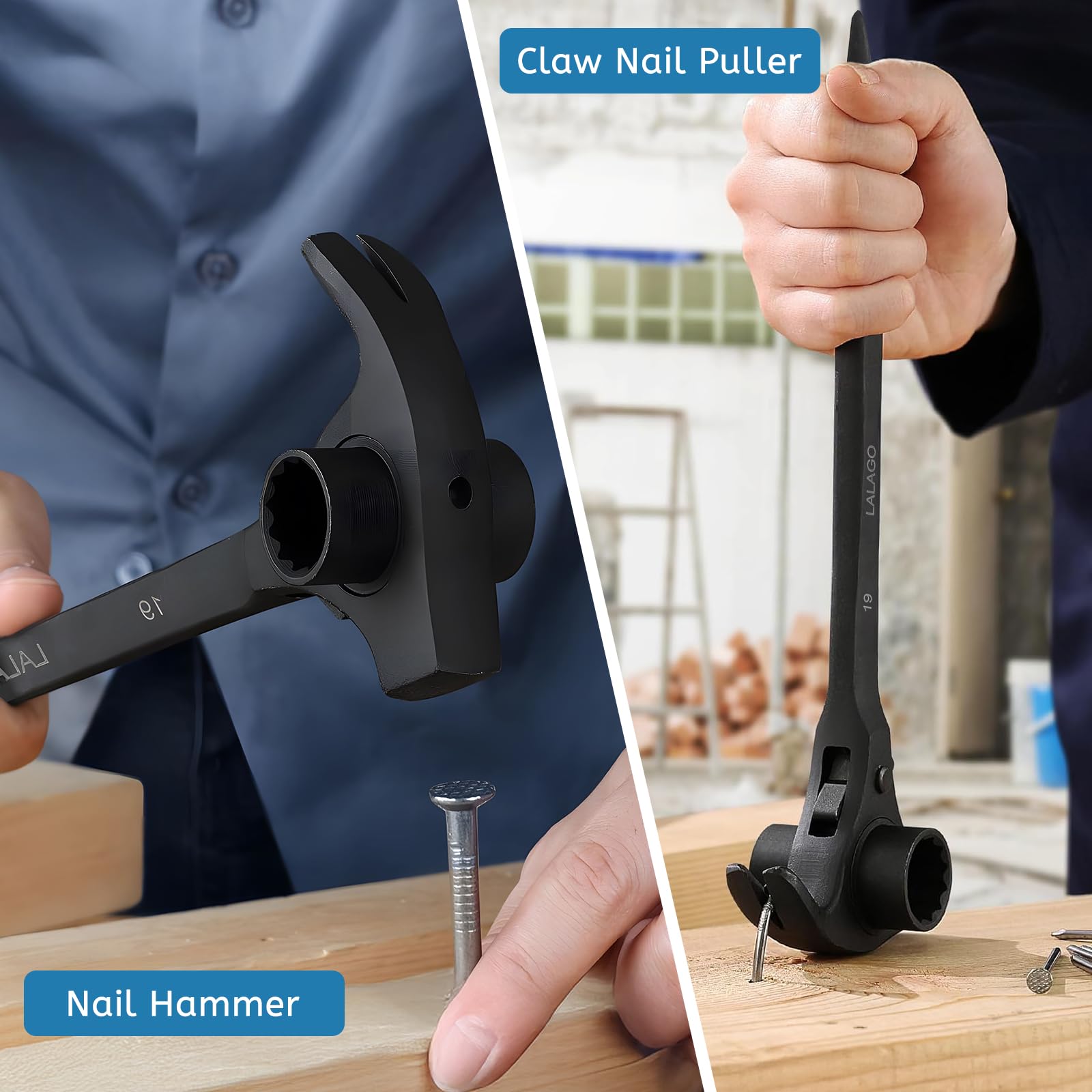 lalago 2pcs Cliquet d'Échafaudage 4 en 1, Clé à Cliquet Réversible 19/22 mm Droite/Gauche, Conique Crécelle en CR-V avec Marteau Arrache-Clous et Pointe de Centrage Noir pour Démontage de Voiture