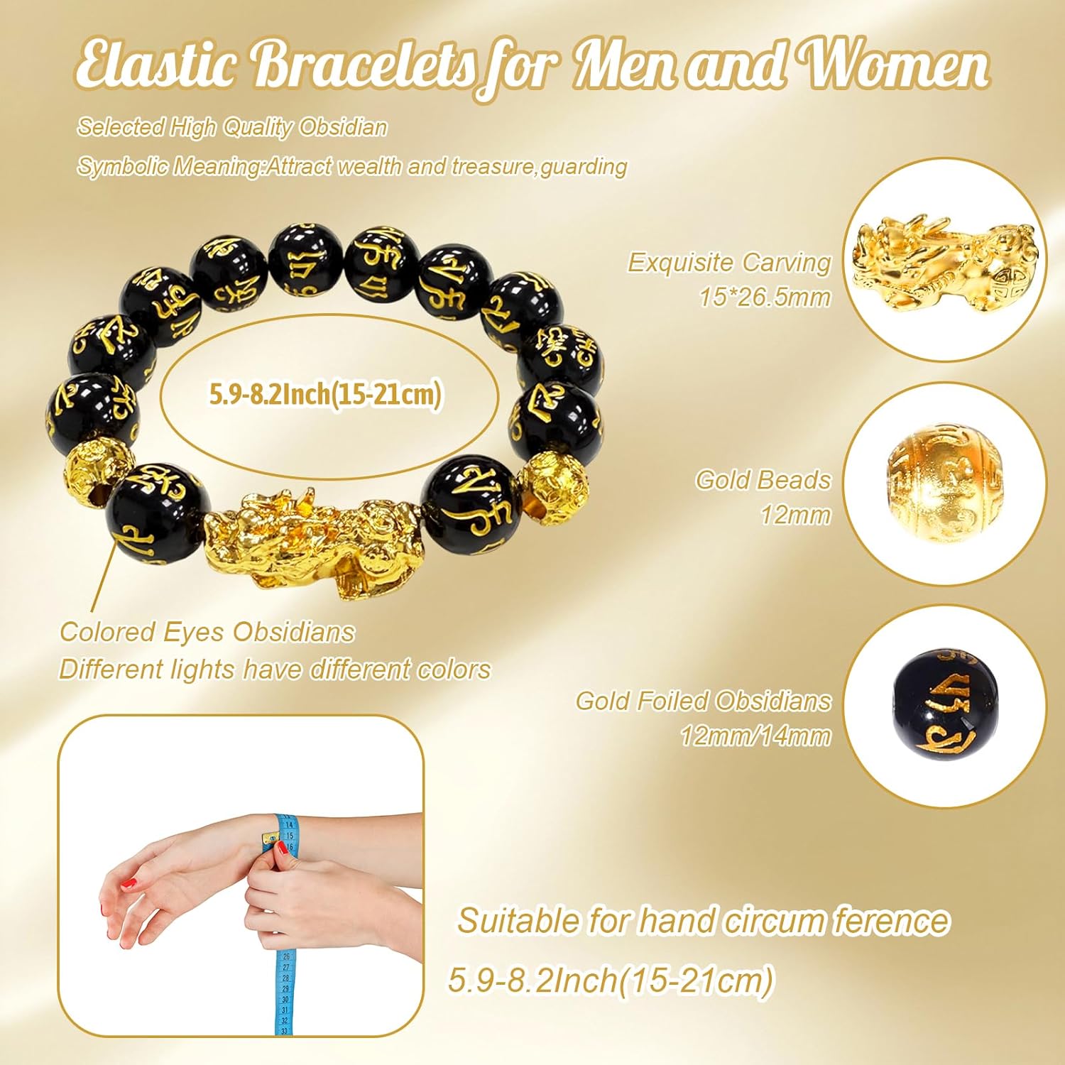 Yootiko 2Pcs Feng Shui Black Obsidian Wealth Bracelet, 24K Gold Plated PiXiu Bracelet, Mantra Prayer Beads Bracelets Can Bring Wealth and Health for Men Women - Image 2