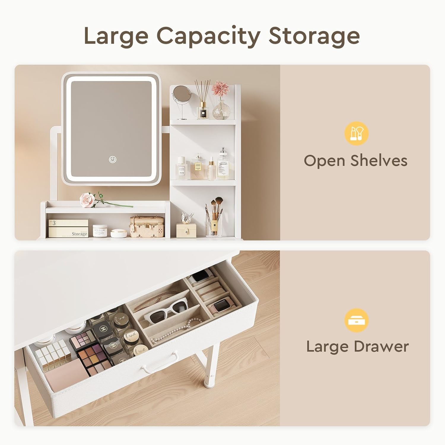 Makeup Vanity Desk with Mirror and Lights, Small Vanity with Fabric Storage Drawer & Chair & Shelves, White Compact Makeup Vanity Set for Bedroom