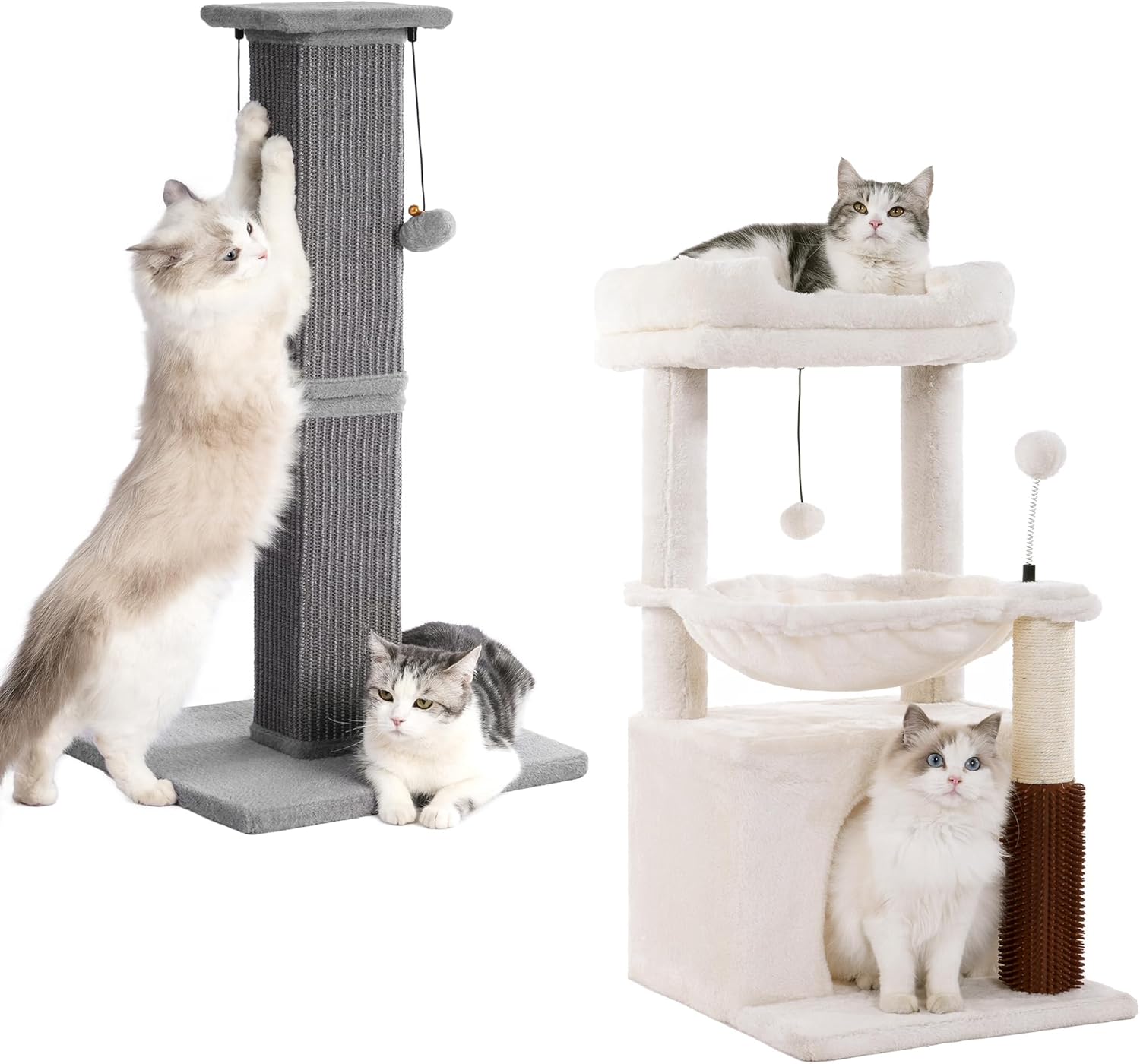 32" Short Cat Tree Beige and Large Cat Scratching Post with Heavy Duty Base Grey