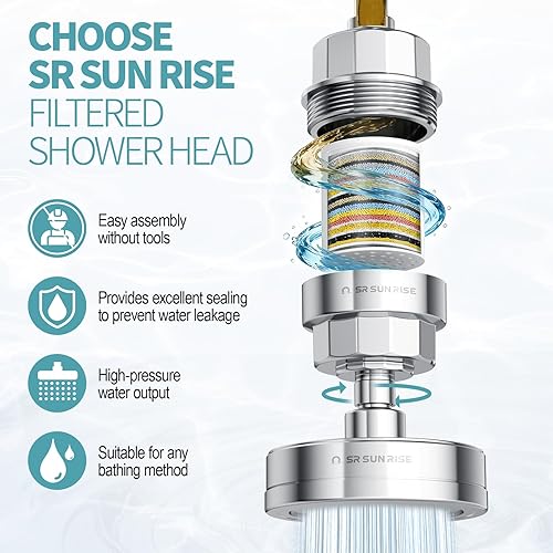 Miniatura 5 de SR SUN RISE Cabezal de ducha filtrado con 3 cartuchos de filtro reemplazables, cabezal de filtro de ducha de 20+3 etapas para agua dura, cabezal de
