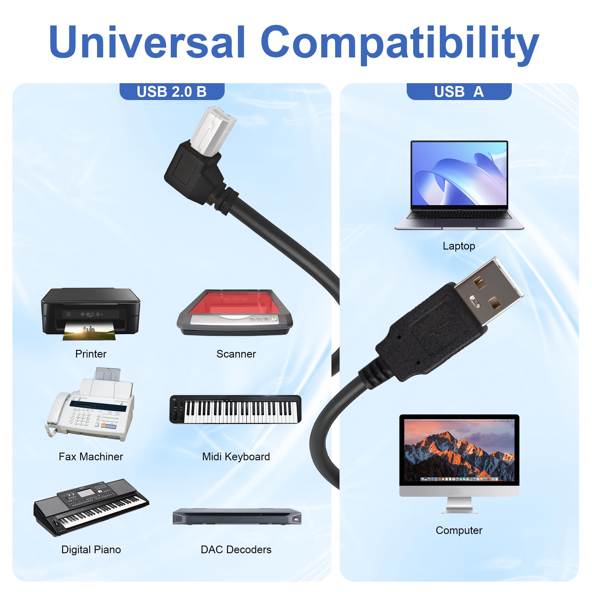 USB 2.0 Druckerkabel, 90 Grad rechtwinklig, A-Stecker auf B-Stecker, Hochgeschwindigkeitskabel, universelles Drucker-/Scannerkabel, kompatibel mit HP, Canon, Dell, Epson, Lexmark