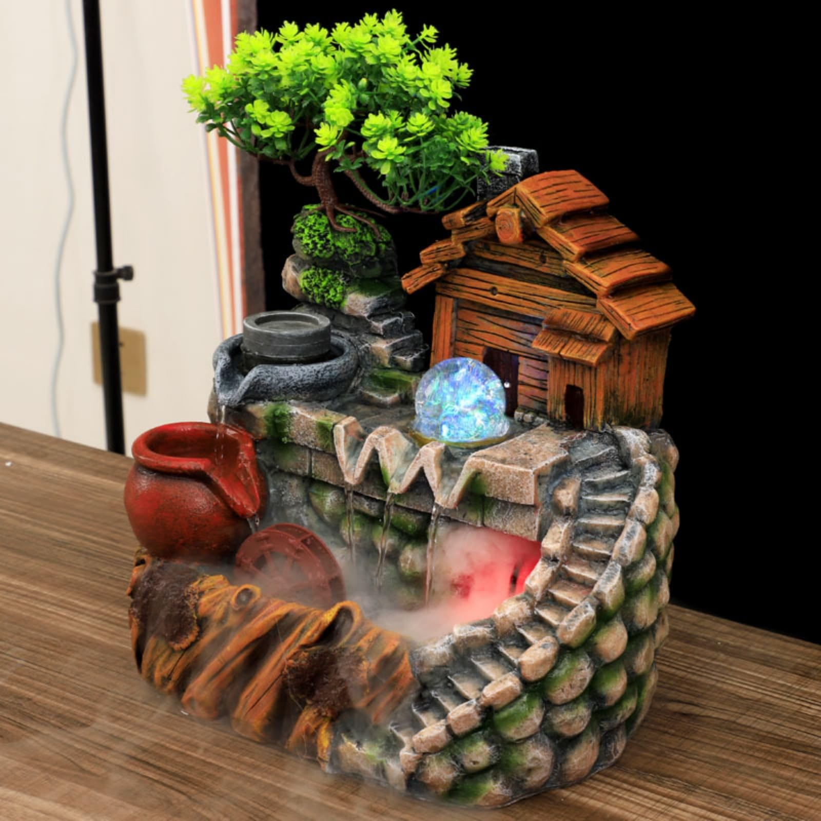 Fuente de habitación con iluminación LED, cascada con niebla y plantas, fuente de mesa grande